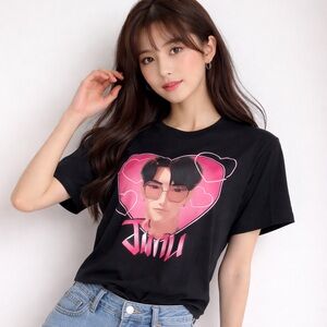 KPop Demon Hunters Black Graphic Tee with Pink Heart Portrait XXS